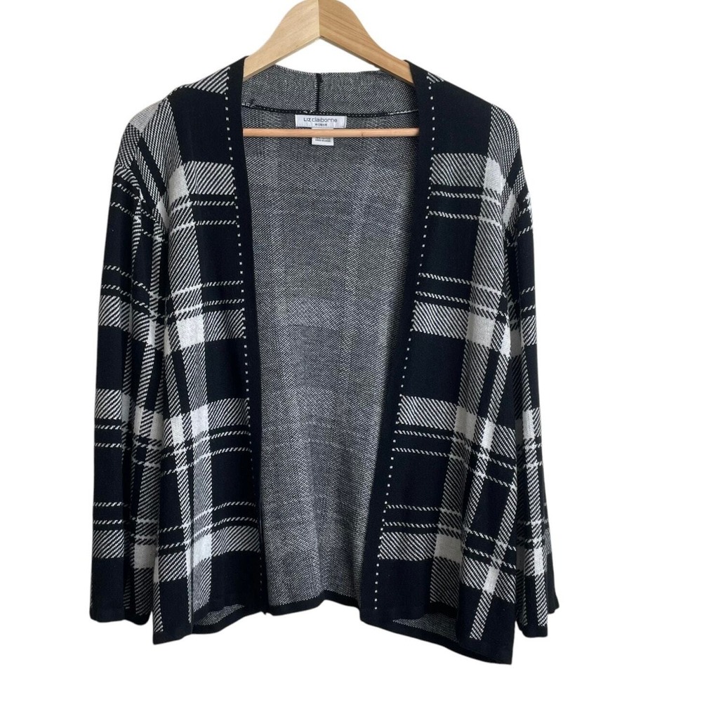 Liz Claiborne Women Dark Academia Preppy Cardigan 1X Black Plaid Open Front Knit